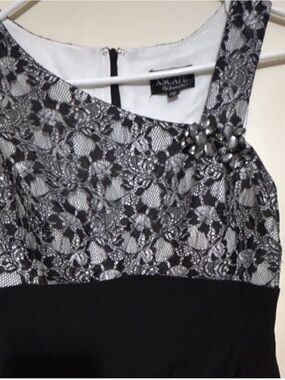 Xscape Black and Silver Lace Cocktail Dress with Beaded Accent